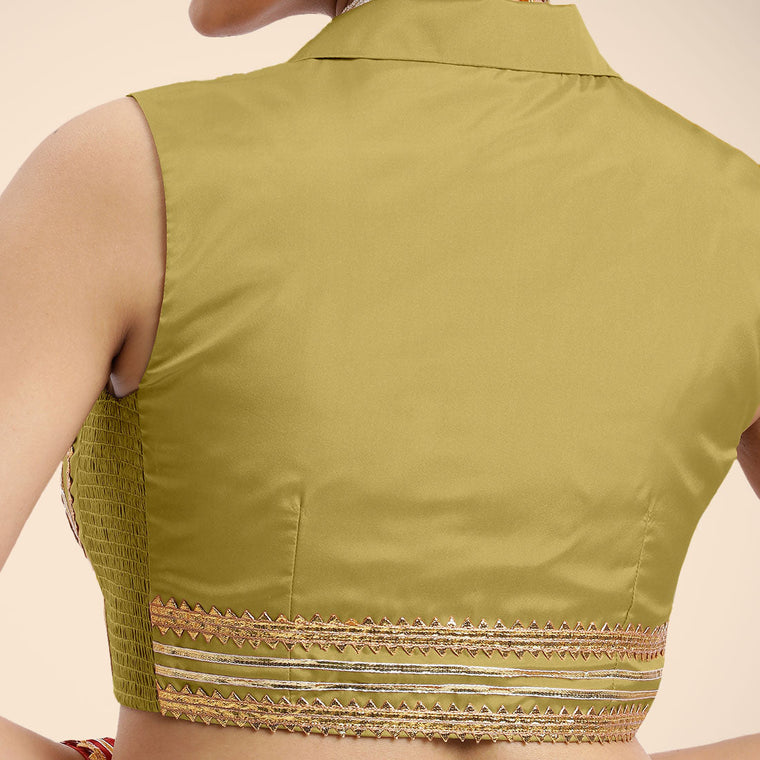 Avni x Tyohaar Saree Blouse, in Yellow Vegan Silk, featuring sleeveless and shawl neckline, made for party & festive (view 3).