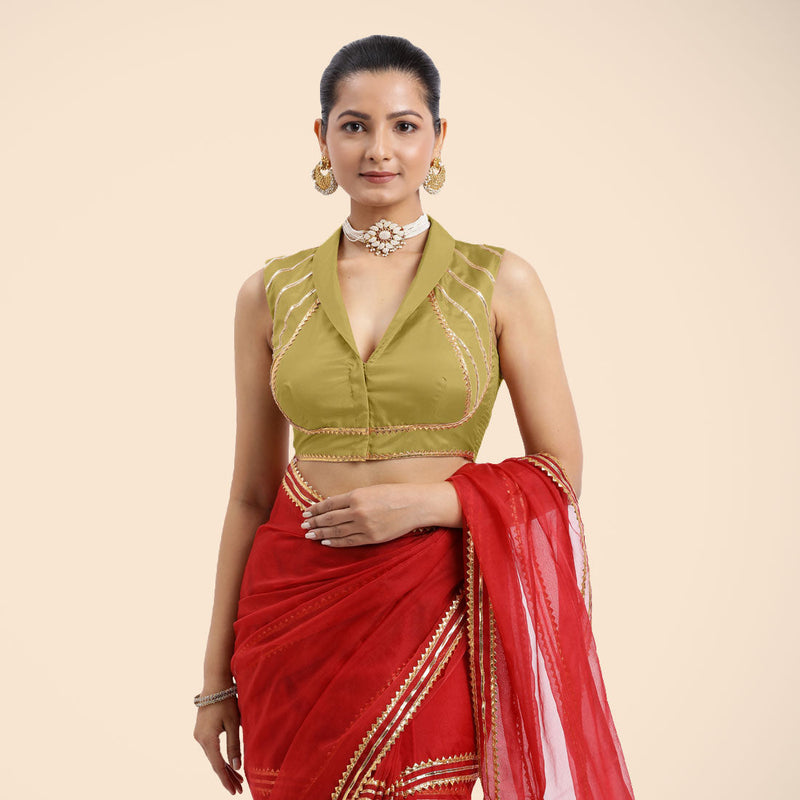 Avni x Tyohaar | Lemon Yellow Sleeveless FlexiFit™ Saree Blouse with Elegant Shawl Collar with Golden Gota Lace Embellishment-Binks