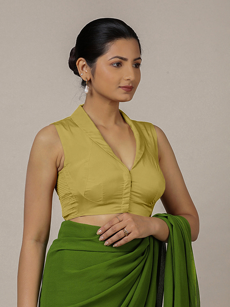 Avni x Rozaana Saree Blouse, in Yellow Vegan Silk, featuring sleeveless and shawl neckline, made for party & festive (view 8).