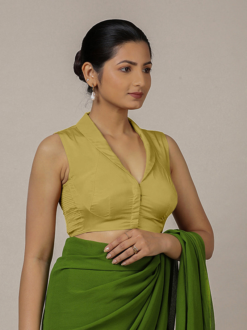 Avni x Rozaana | Lemon Yellow Sleeveless FlexiFit™ Saree Blouse with Elegant Shawl Collar-Binks