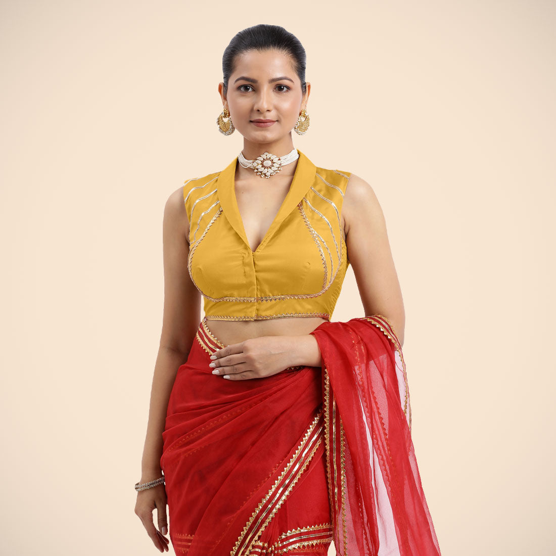 Avni x Tyohaar Saree Blouse, in Yellow Artificial Silk, featuring sleeveless and shawl neckline, made for party & festive.
