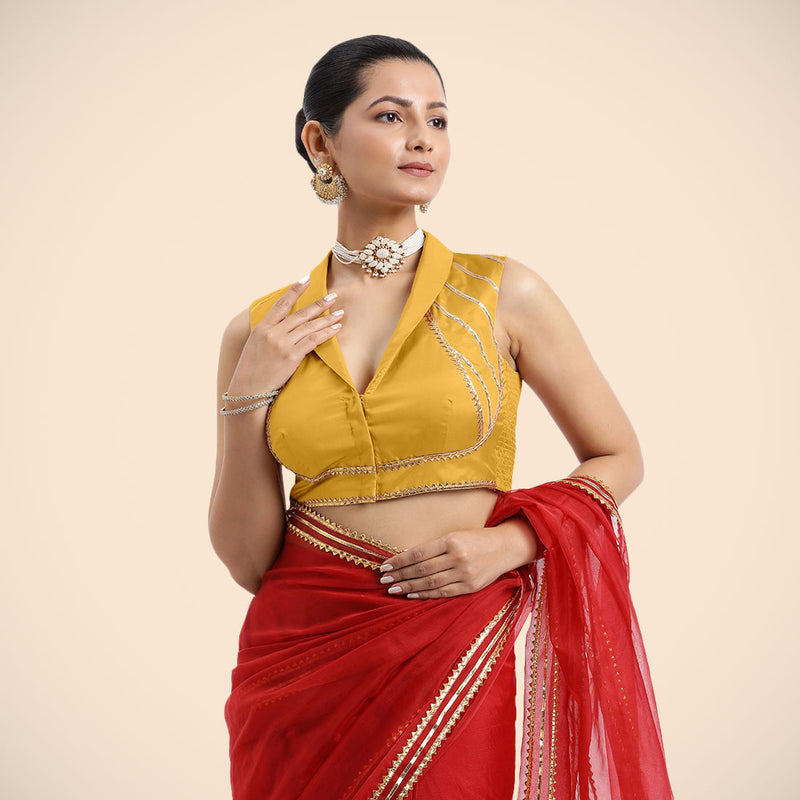 Avni x Tyohaar | Sleeveless Marigold Yellow FlexiFit™ Gota Embellished Saree Blouse with Shawl Neck-Binks