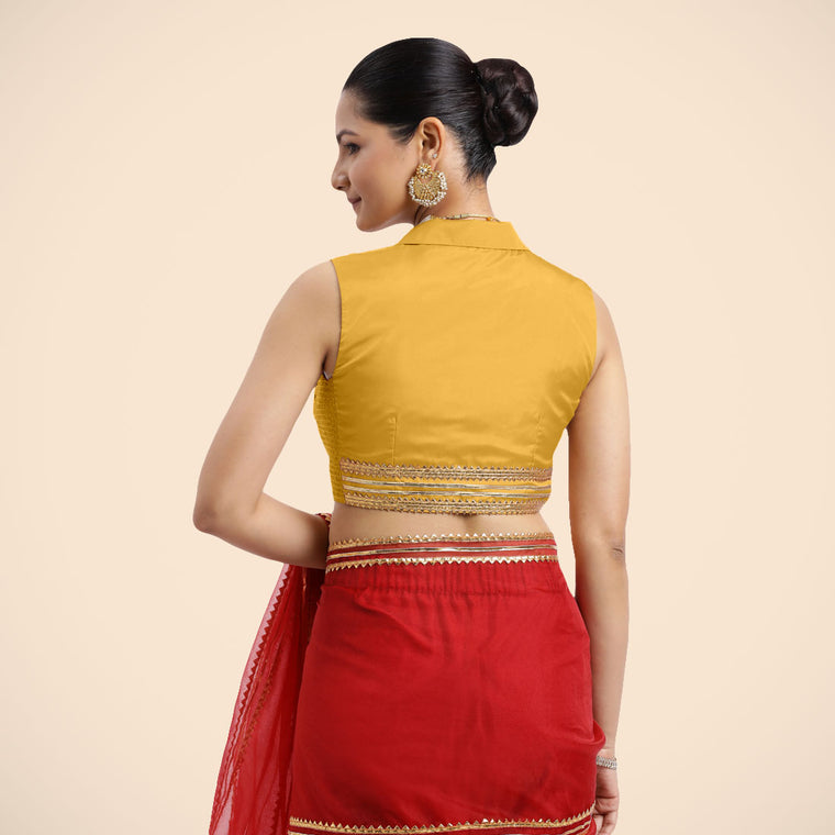 Avni x Tyohaar Saree Blouse, in Yellow Artificial Silk, featuring sleeveless and shawl neckline, made for party & festive.