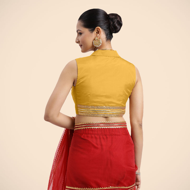 Avni x Tyohaar | Sleeveless Marigold Yellow FlexiFit™ Gota Embellished Saree Blouse with Shawl Neck-Binks