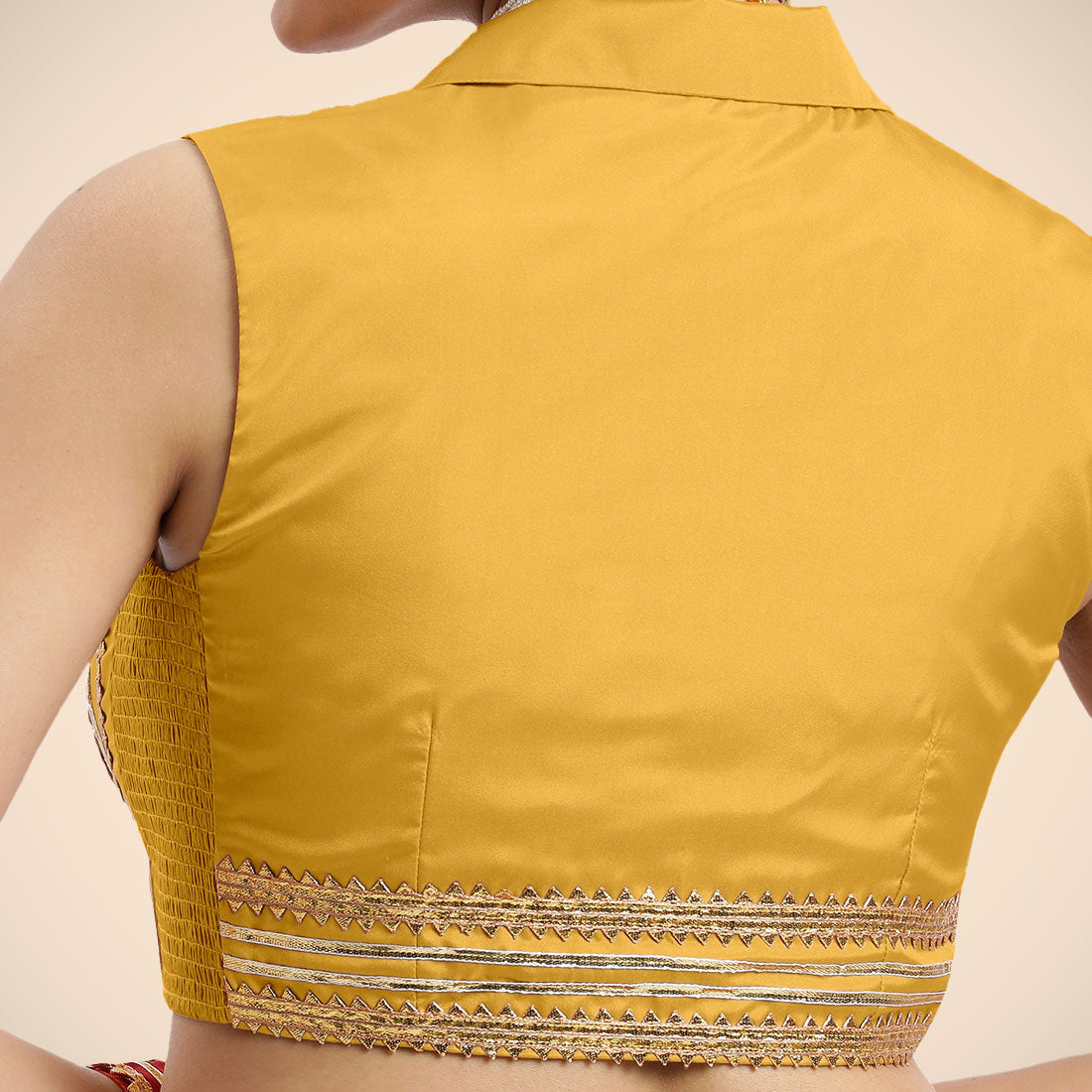 Avni x Tyohaar Saree Blouse, in Yellow Artificial Silk, featuring sleeveless and shawl neckline, made for party & festive.