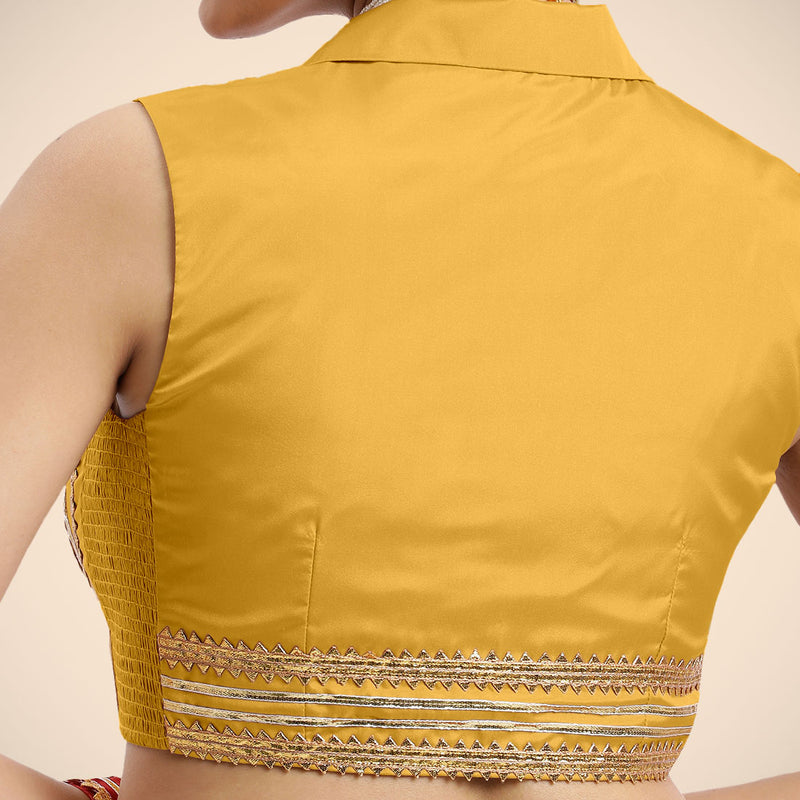 Avni x Tyohaar | Sleeveless Marigold Yellow FlexiFit™ Gota Embellished Saree Blouse with Shawl Neck-Binks