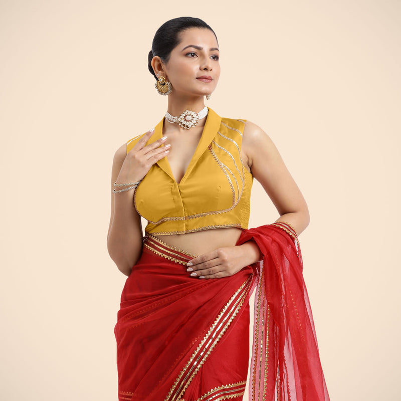Avni x Tyohaar | Sleeveless Marigold Yellow FlexiFit™ Gota Embellished Saree Blouse with Shawl Neck-Binks