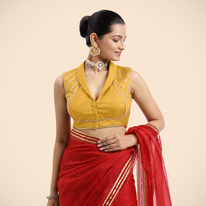 Avni x Tyohaar | Sleeveless Marigold Yellow FlexiFit™ Gota Embellished Saree Blouse with Shawl Neck-Binks
