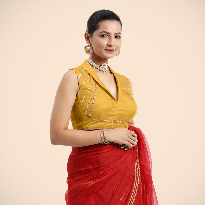 Avni x Tyohaar | Sleeveless Marigold Yellow FlexiFit™ Gota Embellished Saree Blouse with Shawl Neck-Binks