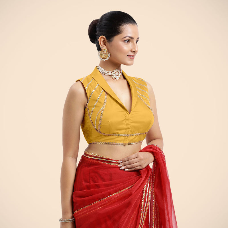 Avni x Tyohaar | Sleeveless Marigold Yellow FlexiFit™ Gota Embellished Saree Blouse with Shawl Neck-Binks
