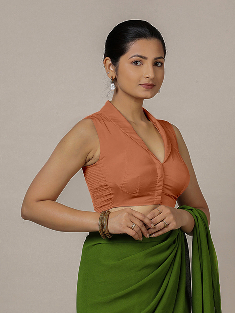 Avni x Rozaana Saree Blouse, in Copper Vegan Silk, featuring sleeveless and shawl neckline, made for party & festive.