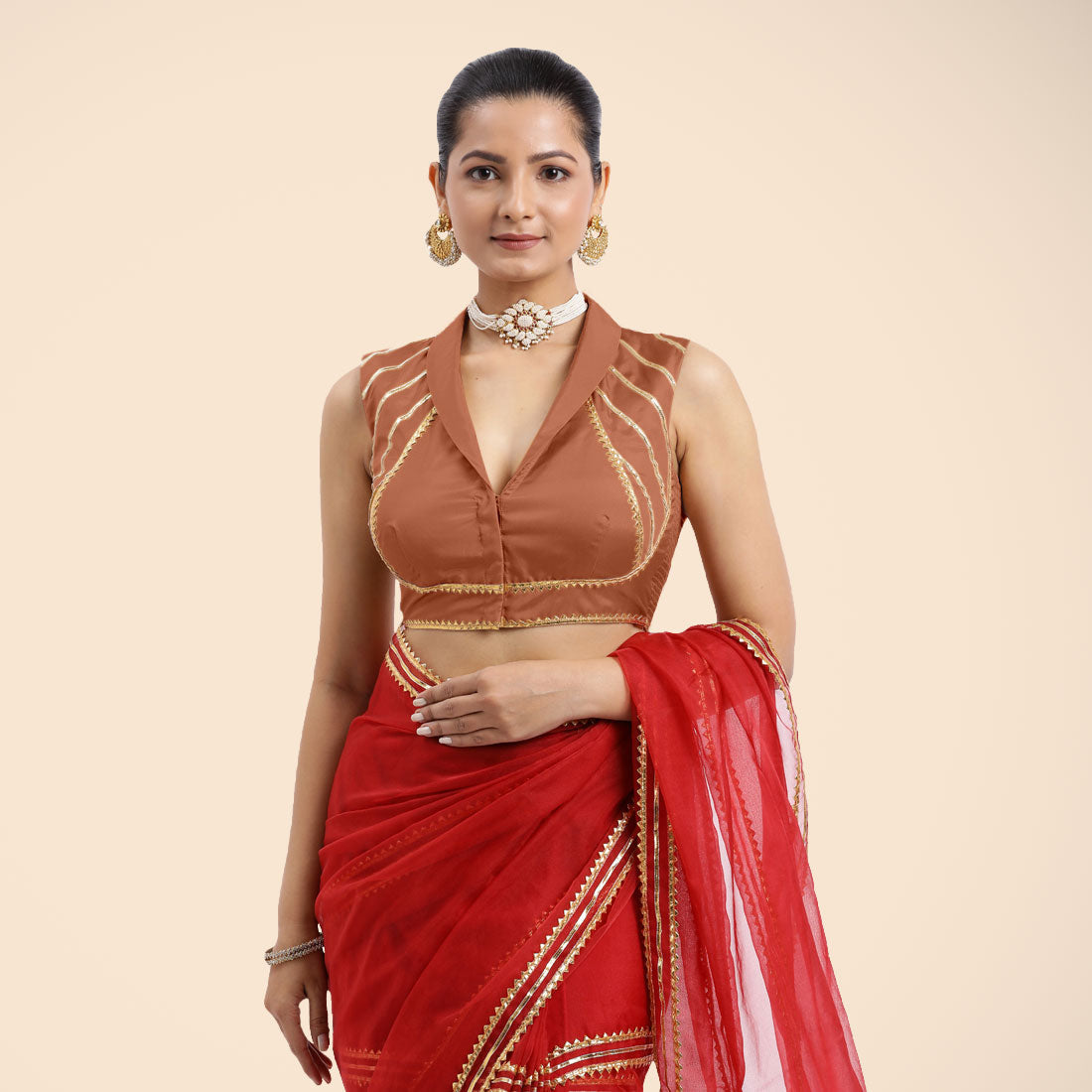 Avni x Tyohaar Saree Blouse, in Copper Vegan Silk, featuring sleeveless and shawl neckline, made for party & festive (view 5).