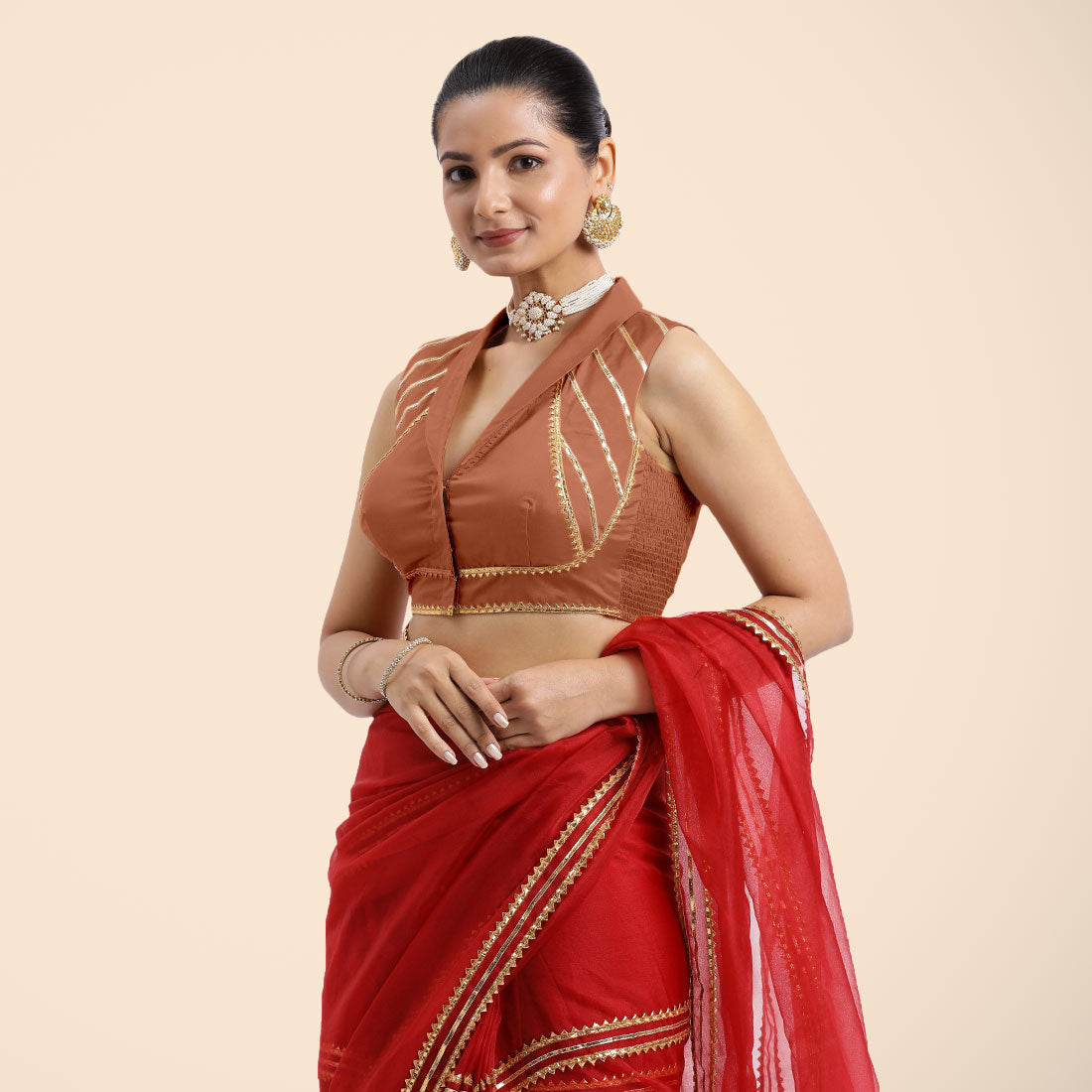 Avni x Tyohaar Saree Blouse, in Copper Vegan Silk, featuring sleeveless and shawl neckline, made for party & festive (view 6).