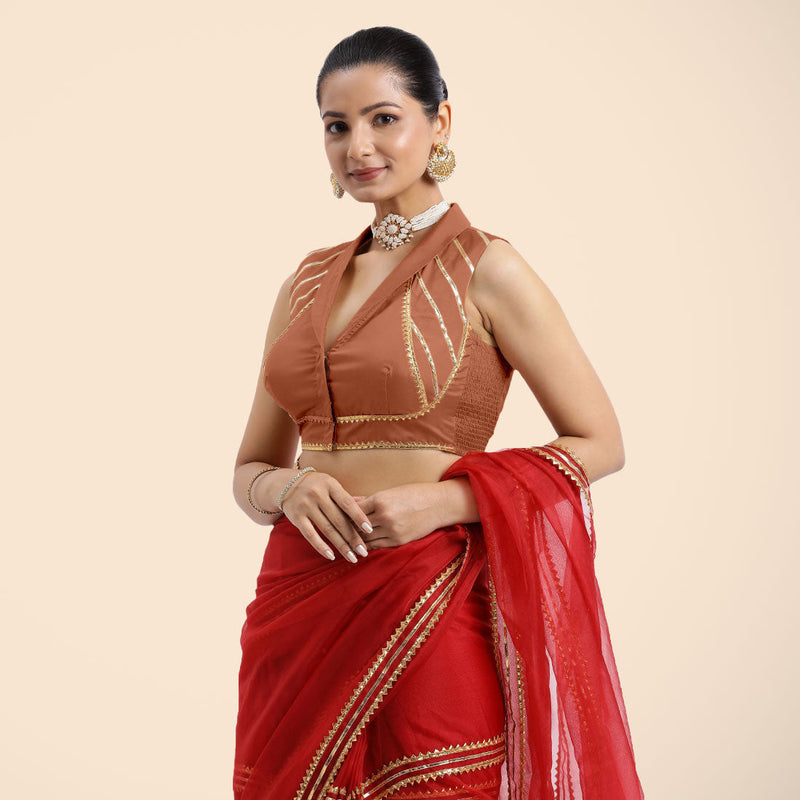 Avni x Tyohaar | Metallic Copper Sleeveless FlexiFit™ Saree Blouse with Elegant Shawl Collar with Golden Gota Lace Embellishment-Binks