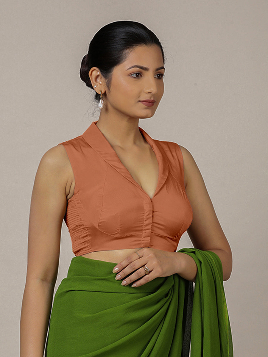 Avni x Rozaana Saree Blouse, in Copper Vegan Silk, featuring sleeveless and shawl neckline, made for party & festive (view 7).