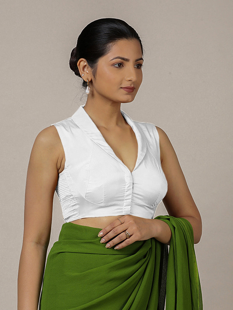 Avni x Rozaana | Pearl White Sleeveless FlexiFit™ Saree Blouse with Elegant Shawl Collar-Binks