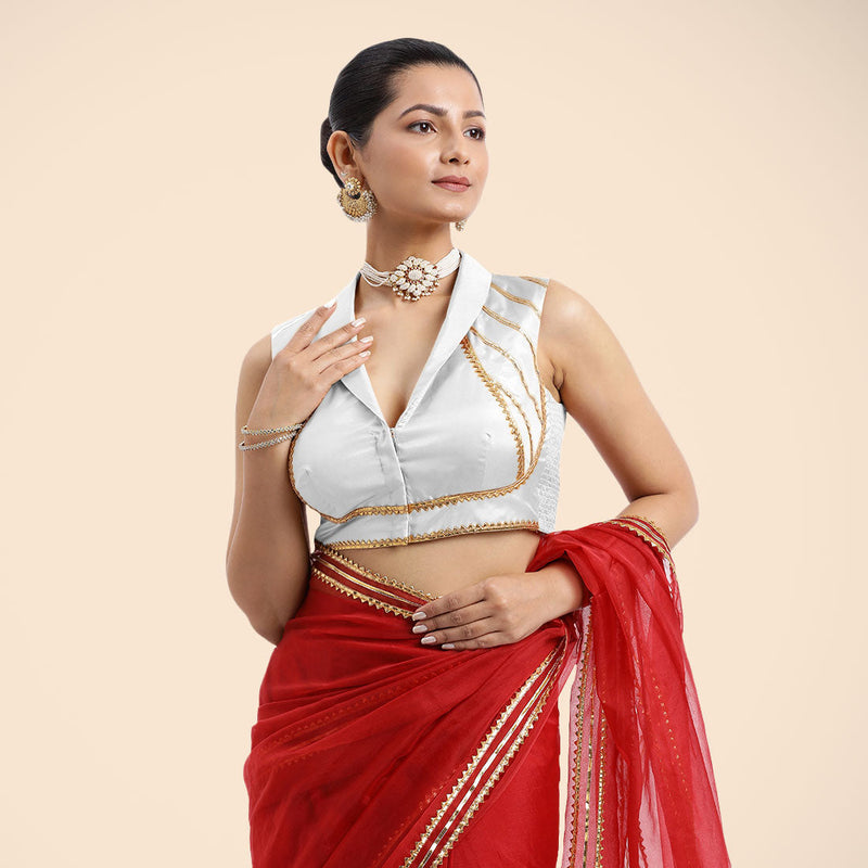 Avni x Tyohaar | Pearl White Sleeveless FlexiFit™ Saree Blouse with Elegant Shawl Collar with Golden Gota Lace Embellishment-Binks