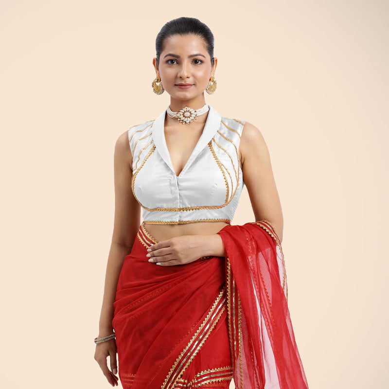 Avni x Tyohaar | Pearl White Sleeveless FlexiFit™ Saree Blouse with Elegant Shawl Collar with Golden Gota Lace Embellishment-Binks