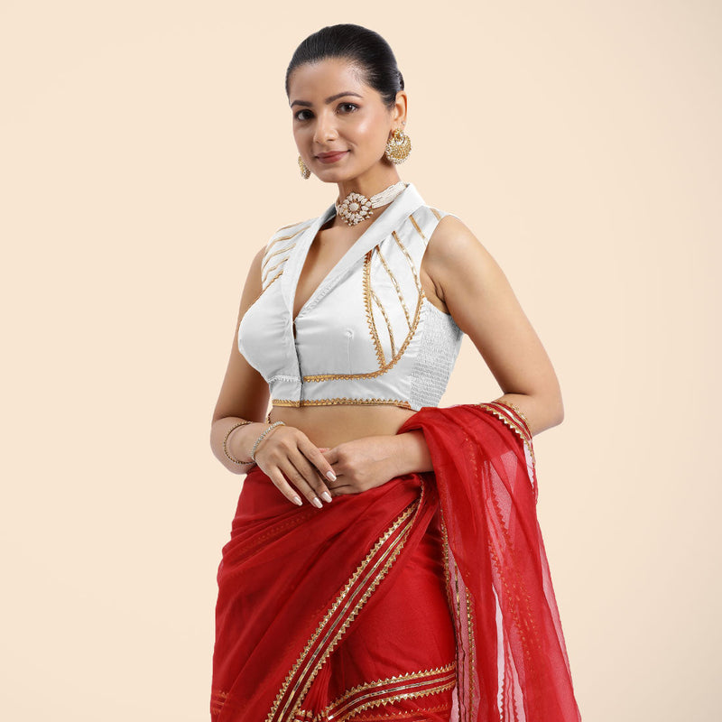 Avni x Tyohaar | Pearl White Sleeveless FlexiFit™ Saree Blouse with Elegant Shawl Collar with Golden Gota Lace Embellishment-Binks