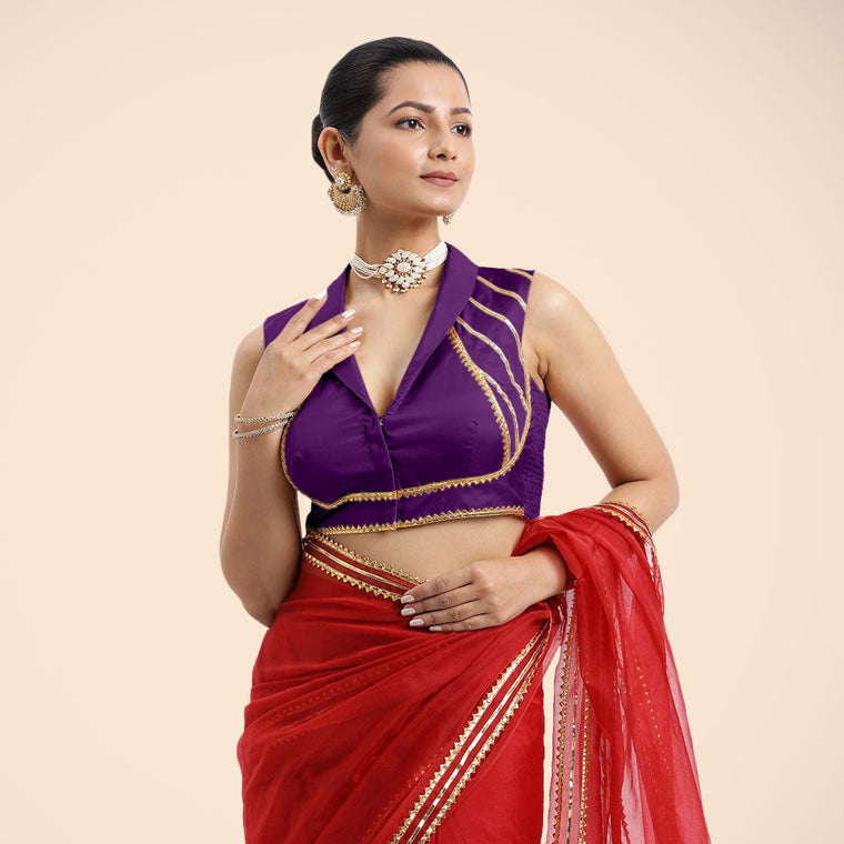 Avni x Tyohaar Saree Blouse, in Purple Vegan Silk, featuring sleeveless and shawl neckline, made for party & festive.