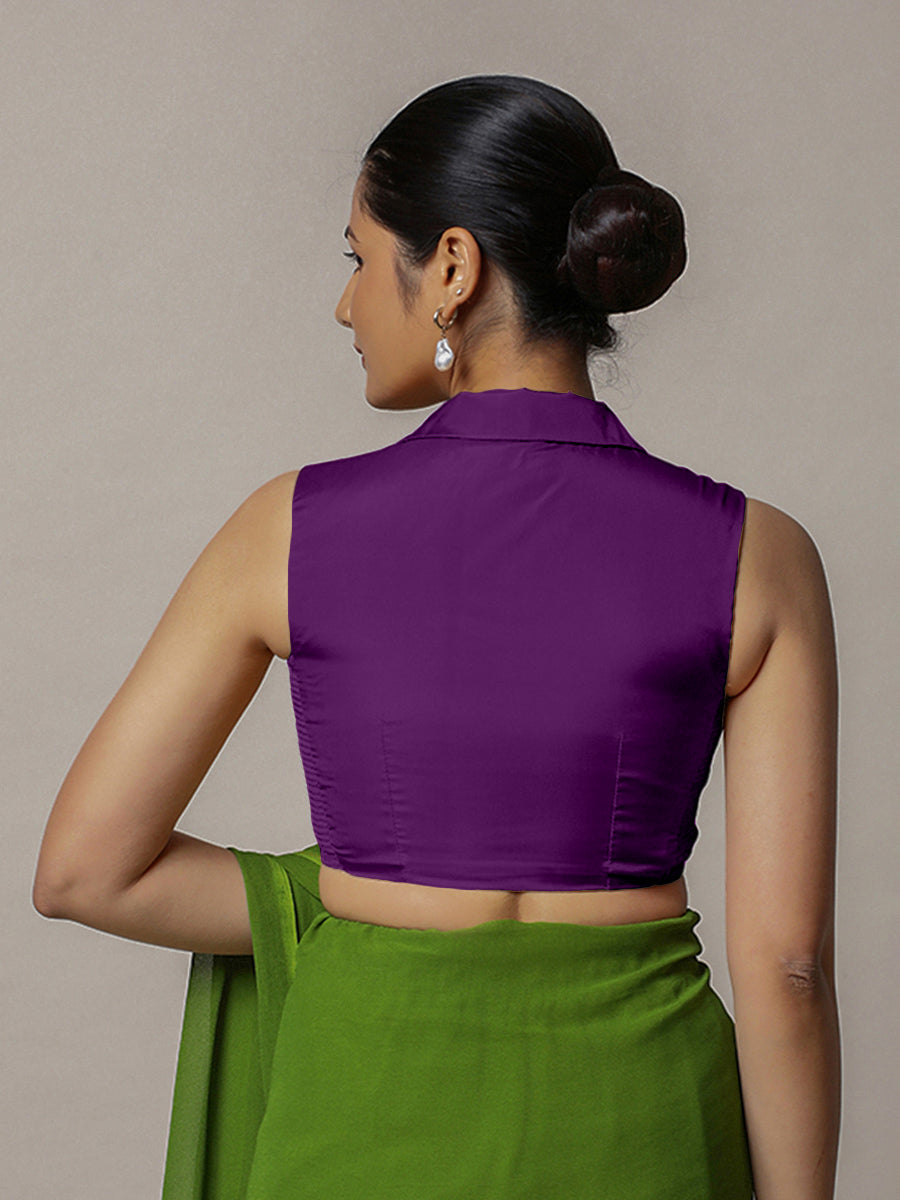 Avni x Rozaana Saree Blouse, in Purple Vegan Silk, featuring sleeveless and shawl neckline, made for party & festive (view 2).