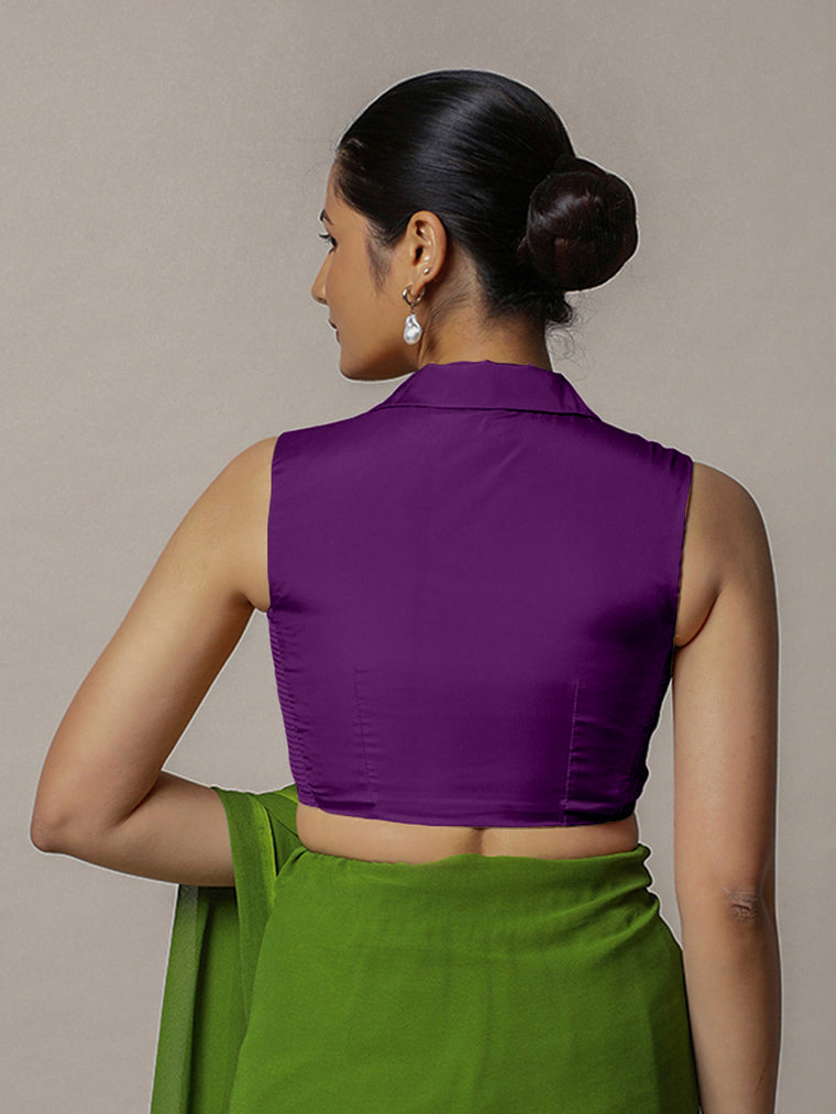 Avni x Rozaana Saree Blouse, in Purple Vegan Silk, featuring sleeveless and shawl neckline, made for party & festive (view 2).