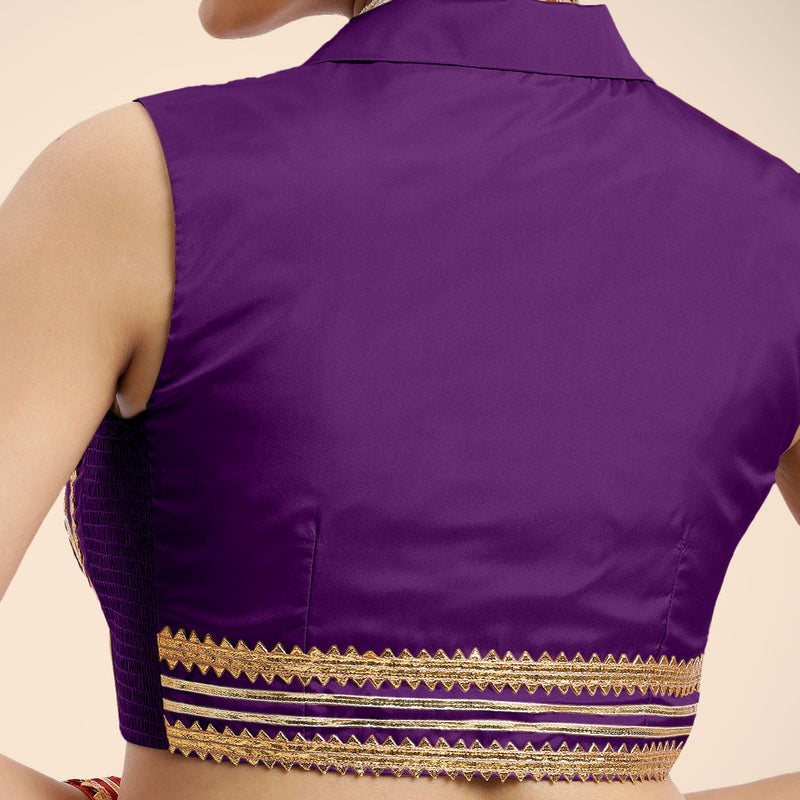 Avni x Tyohaar | Purple Sleeveless FlexiFit™ Saree Blouse with Elegant Shawl Collar with Golden Gota Lace Embellishment-Binks