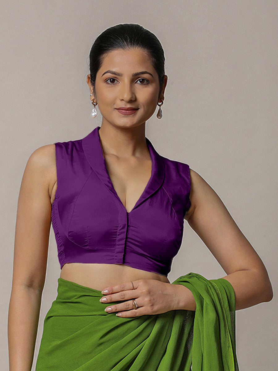 Avni x Rozaana Saree Blouse, in Purple Vegan Silk, featuring sleeveless and shawl neckline, made for party & festive (view 5).