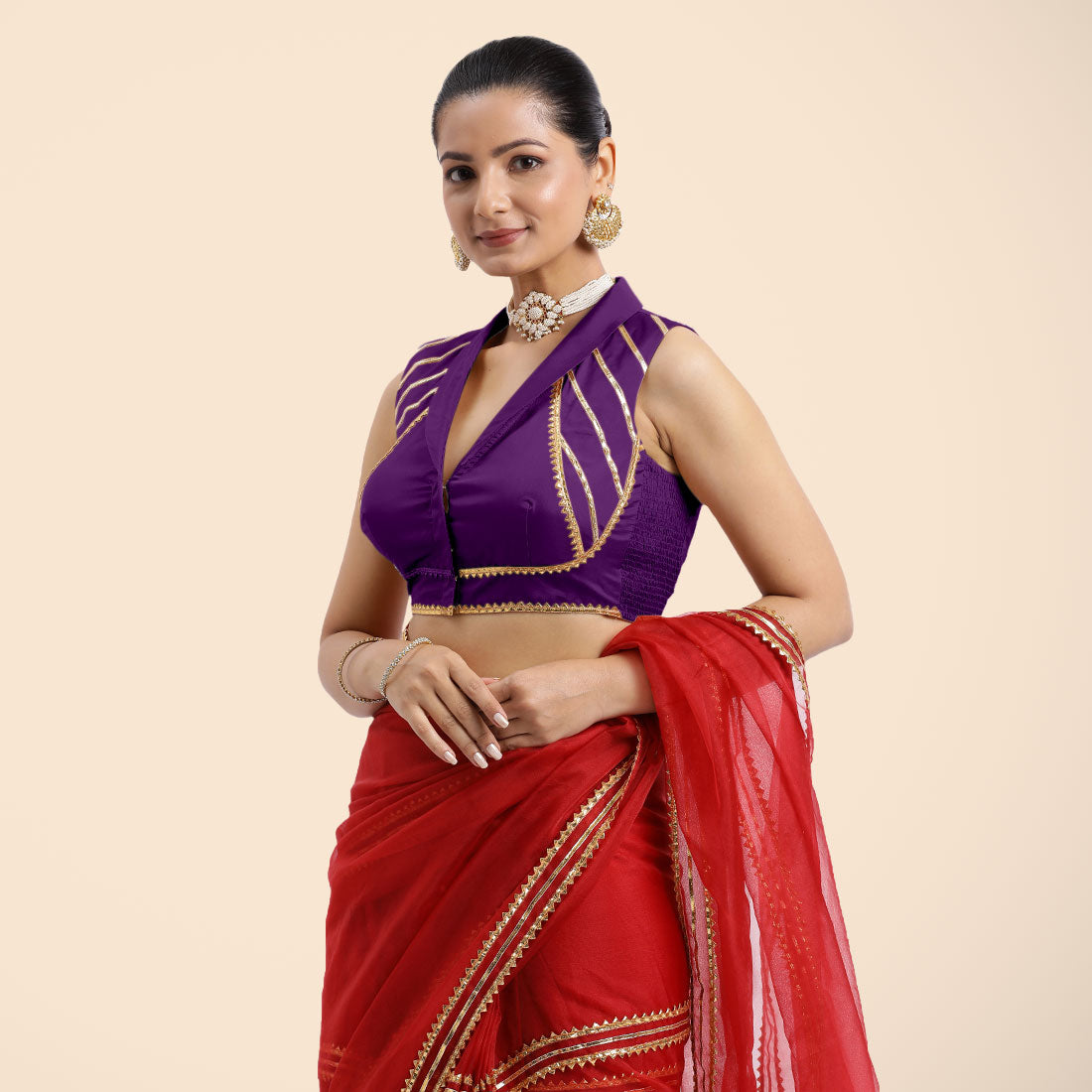 Avni x Tyohaar Saree Blouse, in Purple Vegan Silk, featuring sleeveless and shawl neckline, made for party & festive (view 6).