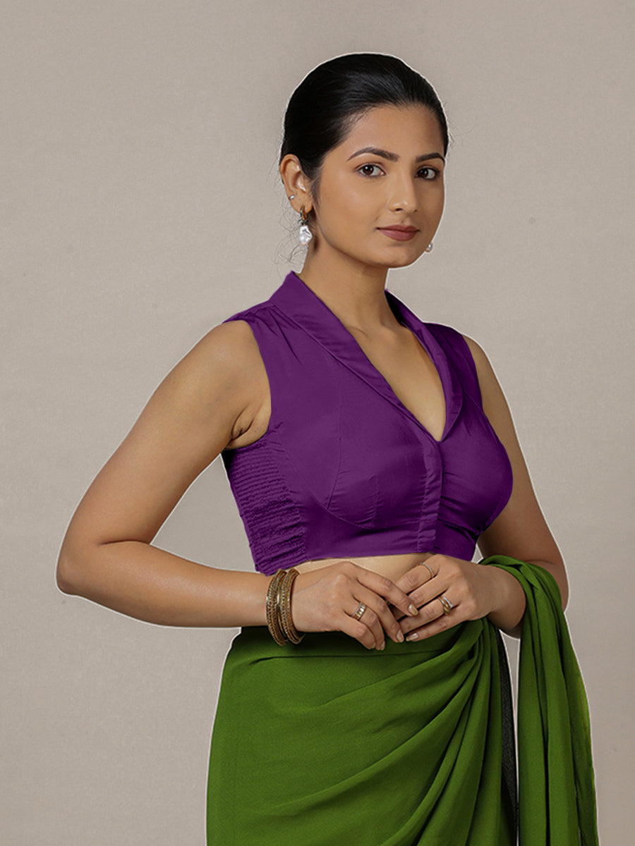 Avni x Rozaana Saree Blouse, in Purple Vegan Silk, featuring sleeveless and shawl neckline, made for party & festive (view 7).