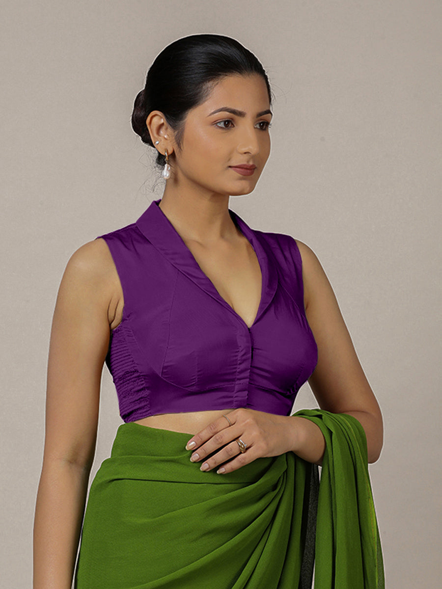 Avni x Rozaana Saree Blouse, in Purple Vegan Silk, featuring sleeveless and shawl neckline, made for party & festive (view 8).