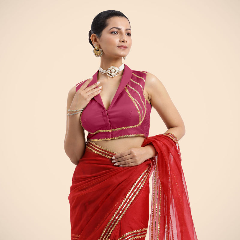 Avni x Tyohaar | Rani Pink Sleeveless FlexiFit™ Saree Blouse with Elegant Shawl Collar with Golden Gota Lace Embellishment-Binks
