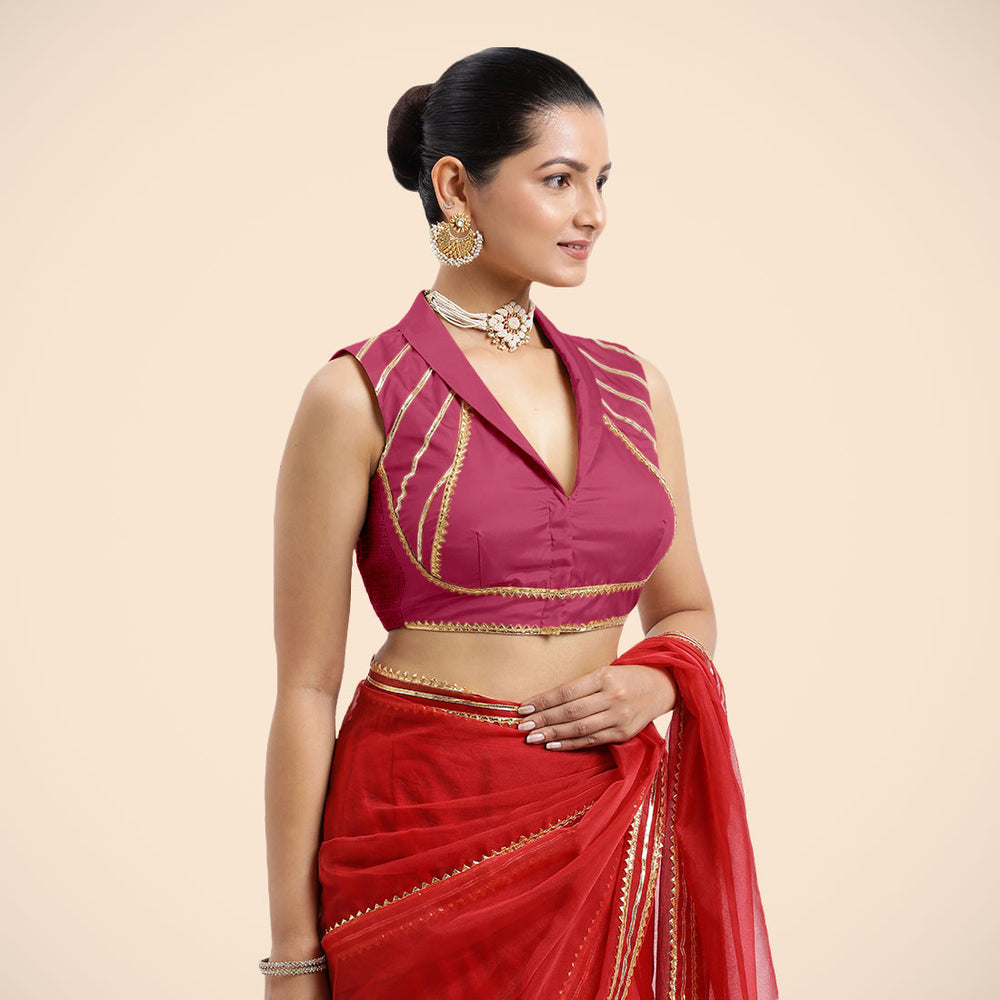 Avni x Tyohaar | Rani Pink Sleeveless FlexiFit™ Saree Blouse with Elegant Shawl Collar with Golden Gota Lace Embellishment