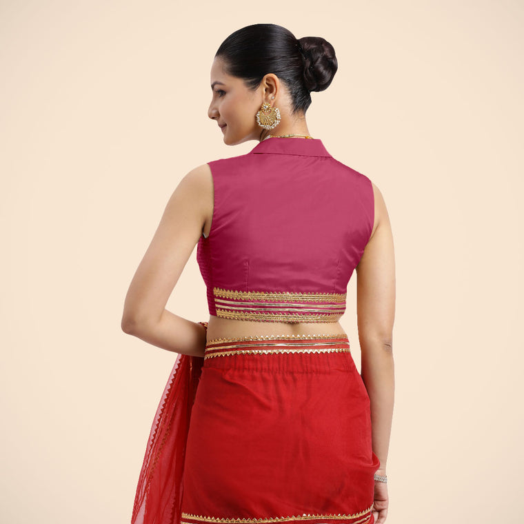 Avni x Tyohaar Saree Blouse, in Pink Vegan Silk, featuring sleeveless and shawl neckline, made for party & festive (view 2).