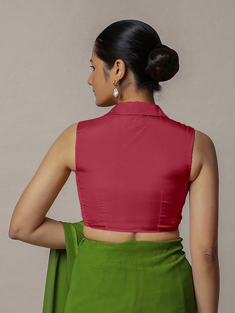 Avni x Rozaana Saree Blouse, in Pink Vegan Silk, featuring sleeveless and shawl neckline, made for party & festive (view 3).