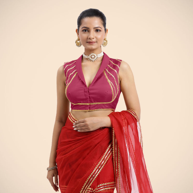 Avni x Tyohaar | Rani Pink Sleeveless FlexiFit™ Saree Blouse with Elegant Shawl Collar with Golden Gota Lace Embellishment-Binks