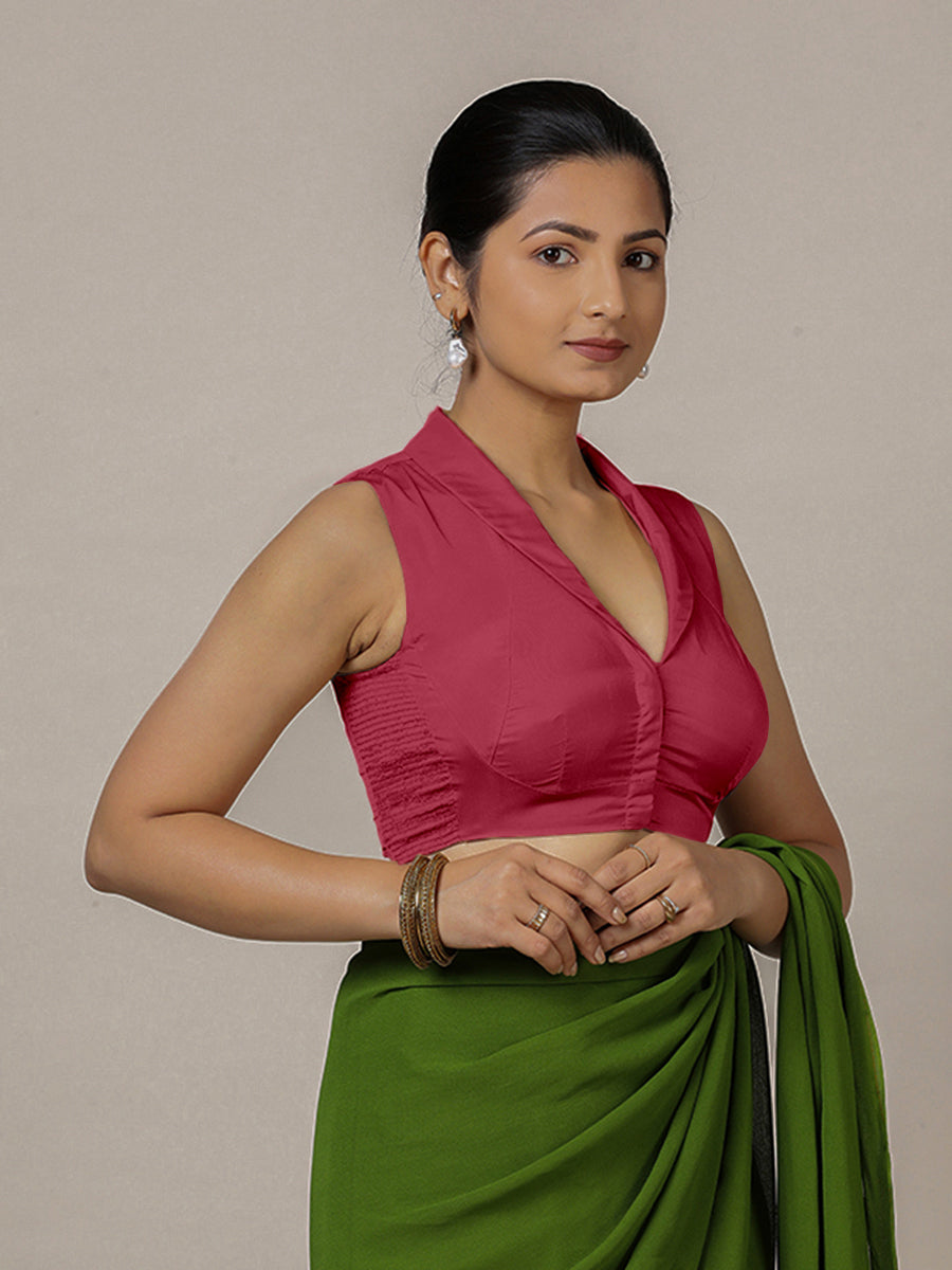 Avni x Rozaana Saree Blouse, in Pink Vegan Silk, featuring sleeveless and shawl neckline, made for party & festive (view 6).