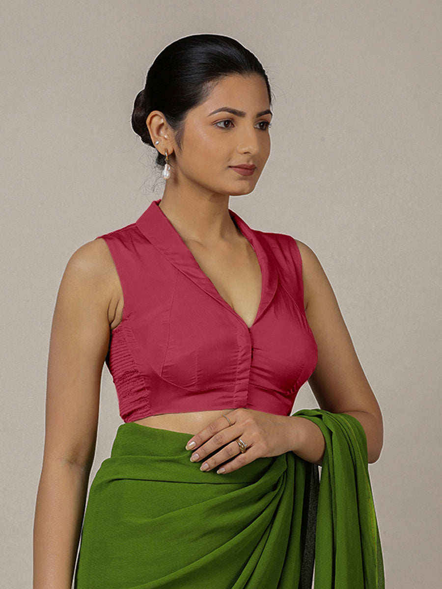 Avni x Rozaana Saree Blouse, in Pink Vegan Silk, featuring sleeveless and shawl neckline, made for party & festive (view 8).