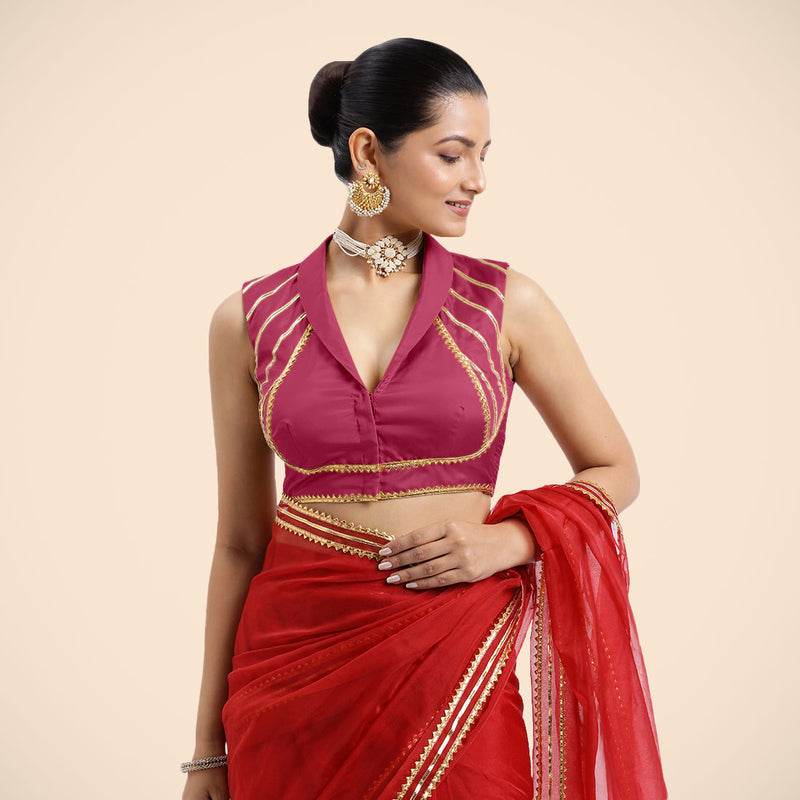 Avni x Tyohaar | Rani Pink Sleeveless FlexiFit™ Saree Blouse with Elegant Shawl Collar with Golden Gota Lace Embellishment-Binks