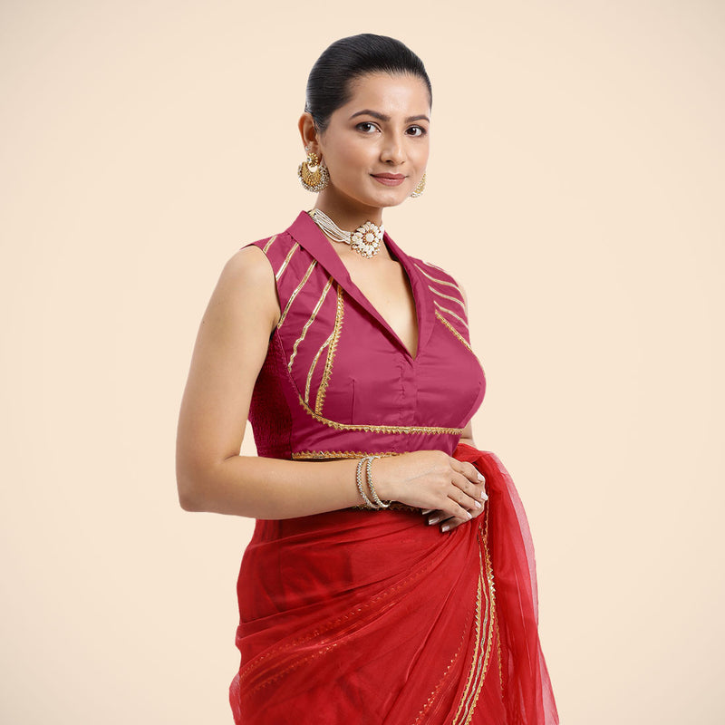 Avni x Tyohaar | Rani Pink Sleeveless FlexiFit™ Saree Blouse with Elegant Shawl Collar with Golden Gota Lace Embellishment-Binks