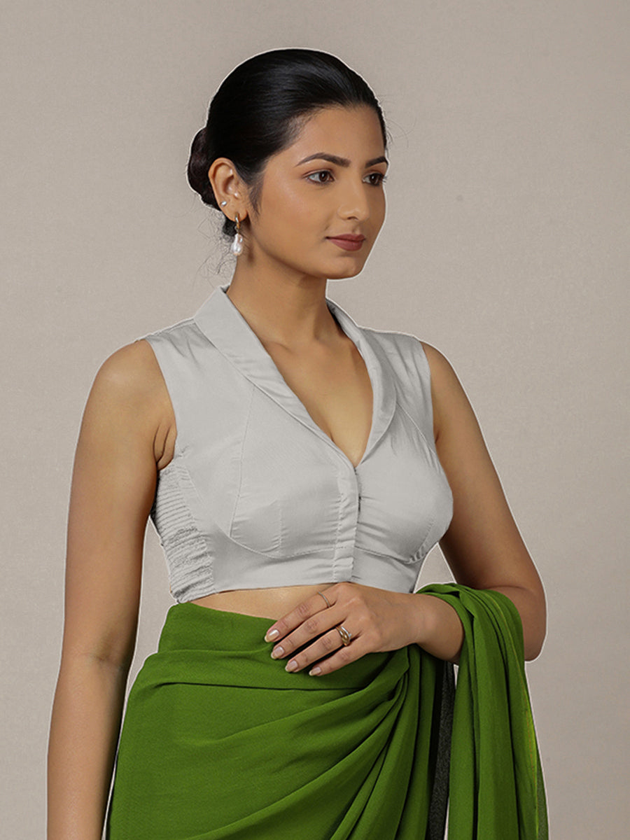 Avni x Rozaana Saree Blouse, in Silver Vegan Silk, featuring sleeveless and shawl neckline, made for party & festive (view 7).