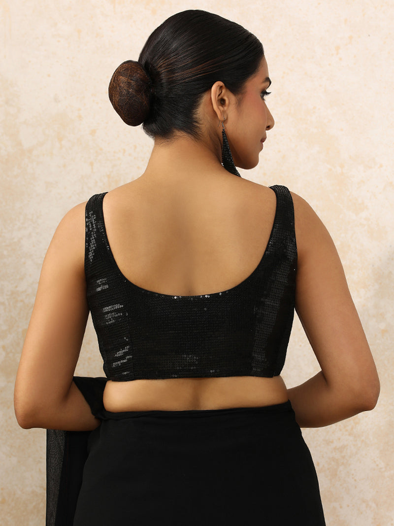Ayesha x Tyohaar | Sleeveless Black Sequined Saree Blouse with Round Neck-Binks