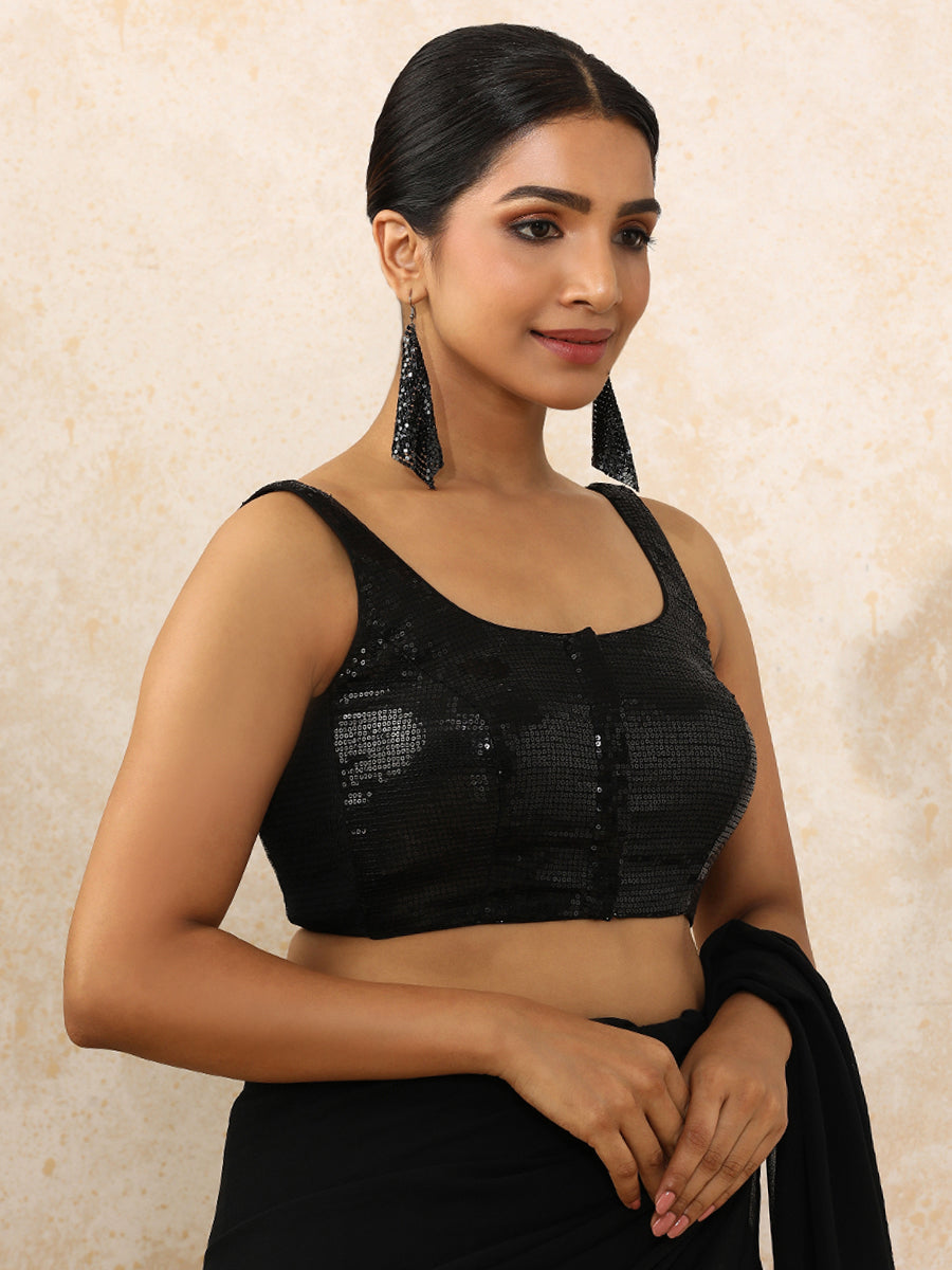 Ayesha x Tyohaar Saree Blouse, in Black Sequin Fabric, featuring sleeveless and round neckline, made for party & festive.