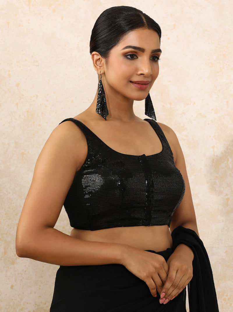 Ayesha x Tyohaar | Sleeveless Black Sequined Saree Blouse with Round Neck-Binks