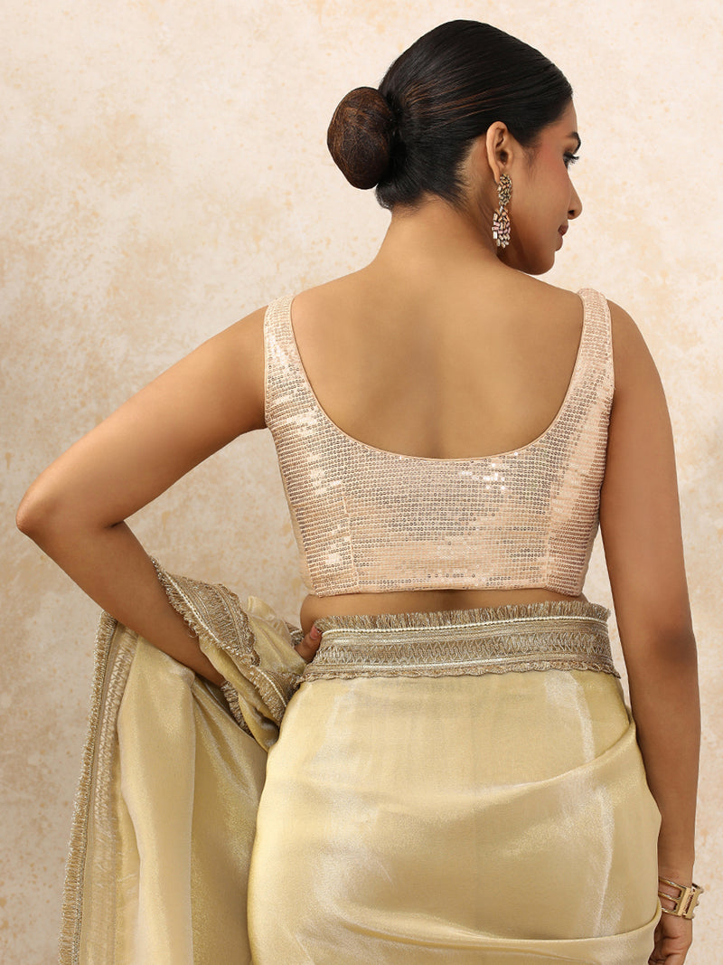 Ayesha x Tyohaar | Sleeveless Champagne Sequined Saree Blouse with Round Neck-Binks
