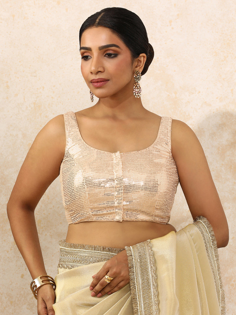Ayesha x Tyohaar | Sleeveless Champagne Sequined Saree Blouse with Round Neck-Binks