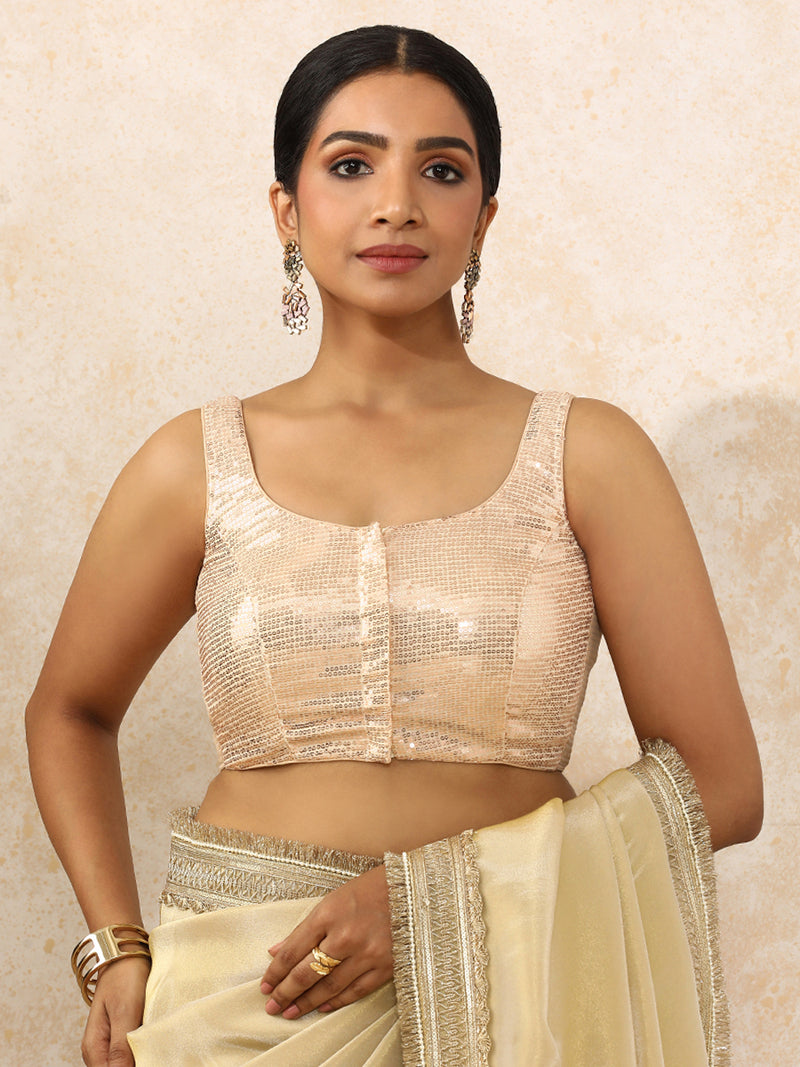 Ayesha x Tyohaar | Sleeveless Champagne Sequined Saree Blouse with Round Neck-Binks