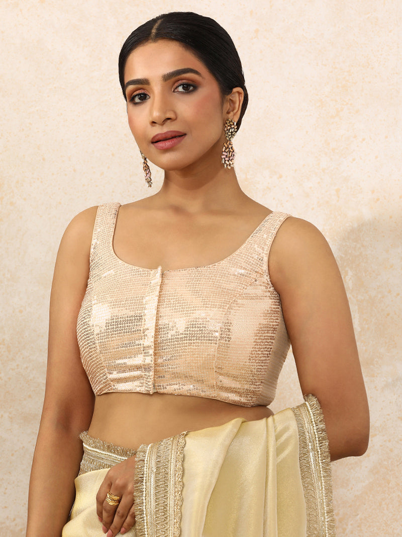Ayesha x Tyohaar | Sleeveless Champagne Sequined Saree Blouse with Round Neck-Binks