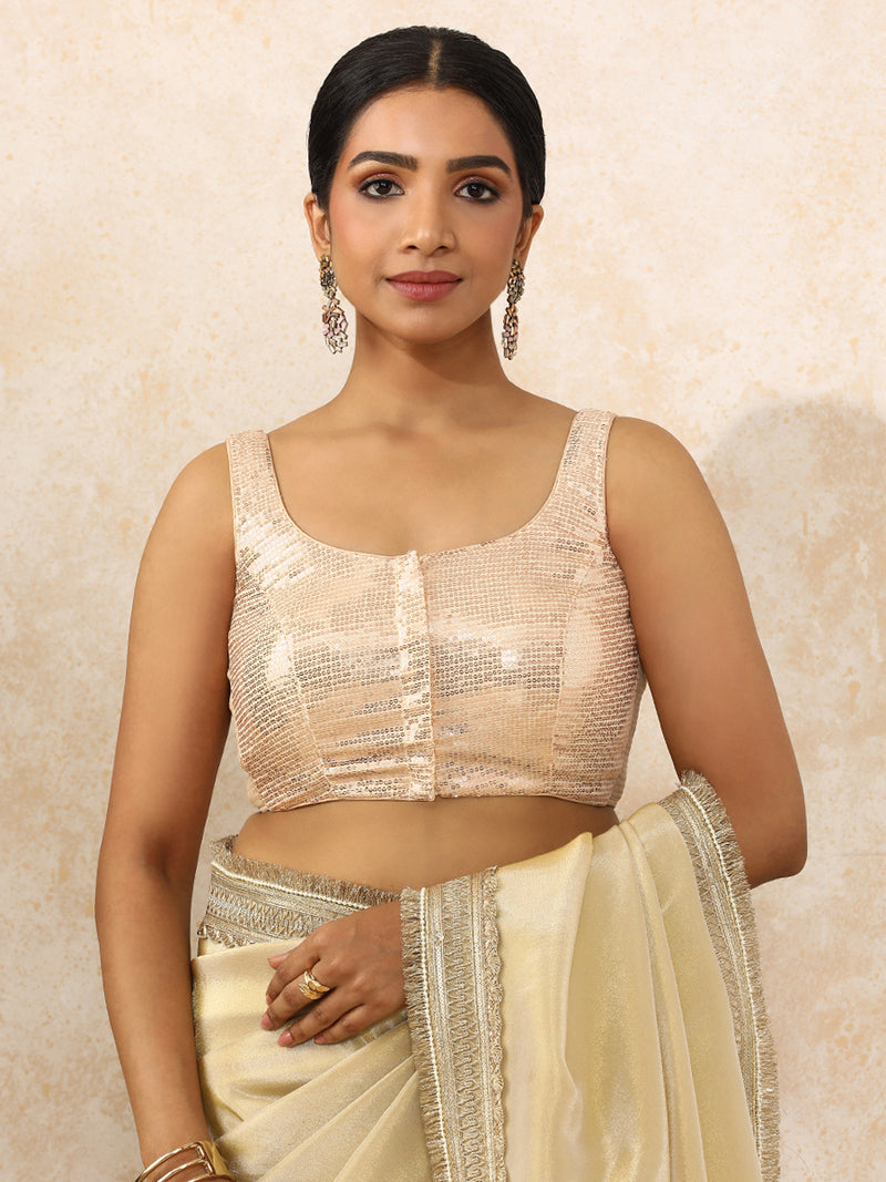 Ayesha x Tyohaar | Sleeveless Champagne Sequined Saree Blouse with Round Neck-Binks