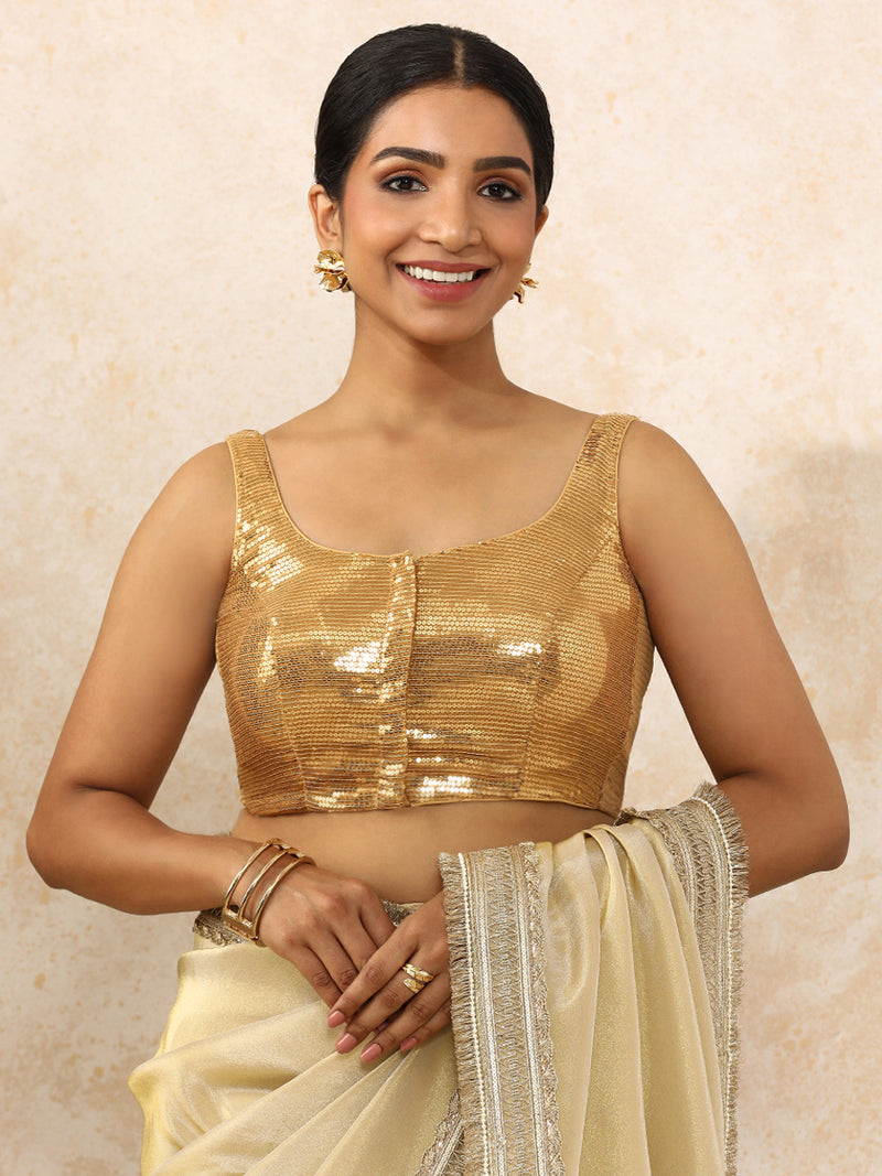 Ayesha x Tyohaar | Sleeveless Gold Sequined Saree Blouse with Round Neck-Binks